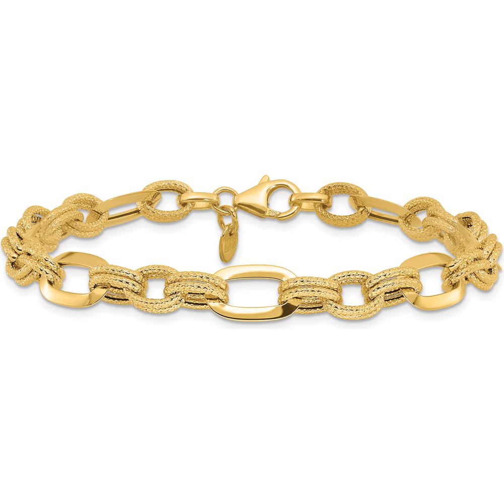 14K Yellow Gold Polished and Textured 7.8mm Fancy Link Bracelet - 7.5" Length by Oro Pregiato