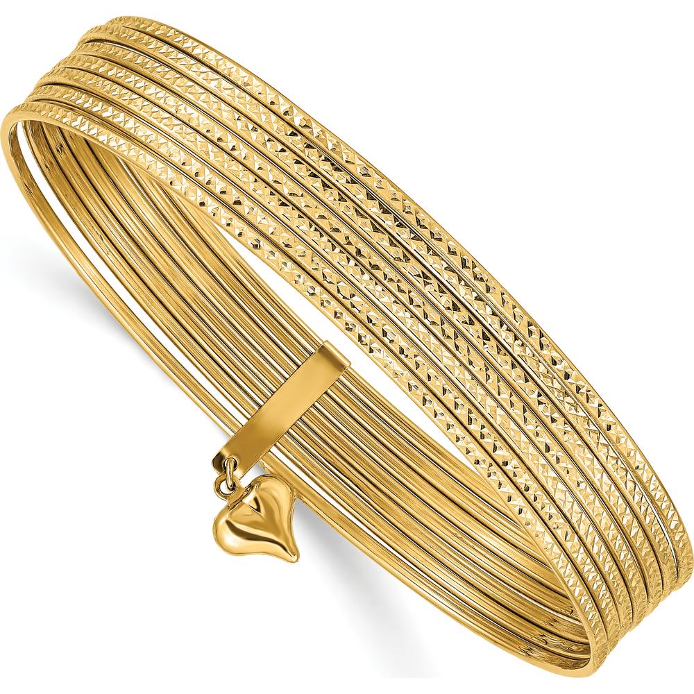14K Yellow Gold Polished and Textured 7-Strand Bangle with Dangle Heart Charm - 11mm Width by Oro Pregiato