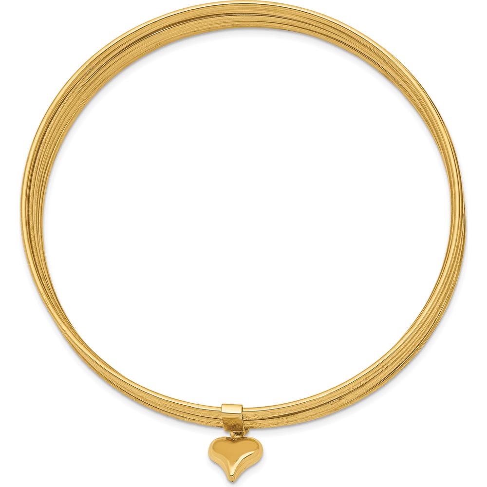 14K Yellow Gold Polished and Textured 7-Strand Bangle with Dangle Heart Charm - 11mm Width by Oro Pregiato