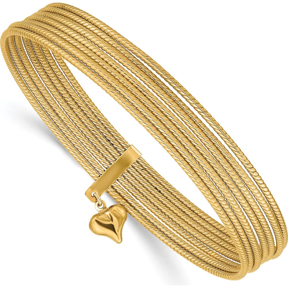 14K Yellow Gold Polished and Textured 7-Strand Heart Charm Bangle Bracelet - Slip-On 11mm Width by Oro Pregiato