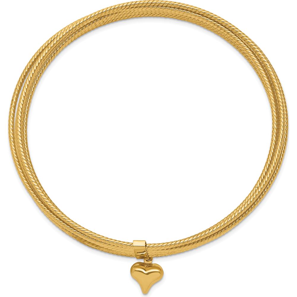 14K Yellow Gold Polished and Textured 7-Strand Heart Charm Bangle Bracelet - Slip-On 11mm Width by Oro Pregiato