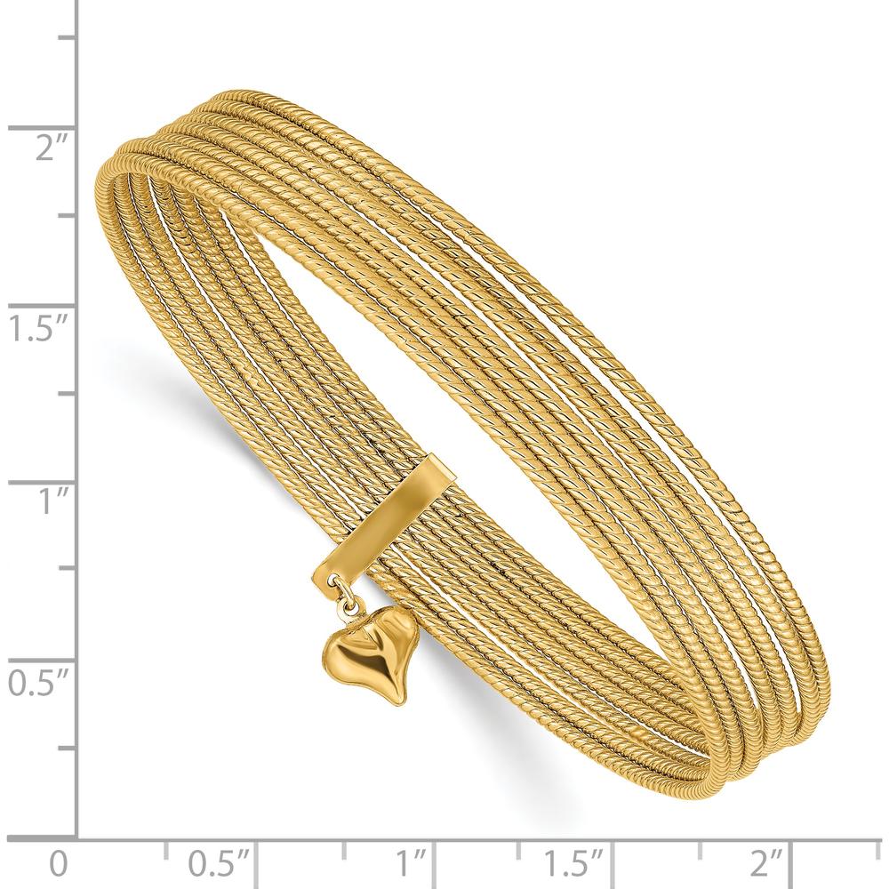14K Yellow Gold Polished and Textured 7-Strand Heart Charm Bangle Bracelet - Slip-On 11mm Width by Oro Pregiato