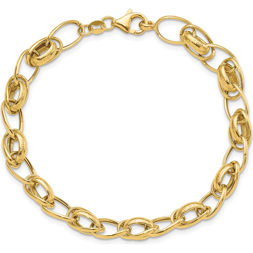 14K Yellow Gold Polished and Textured 7mm Fancy Link Bracelet - 7.5" Length by Oro Pregiato
