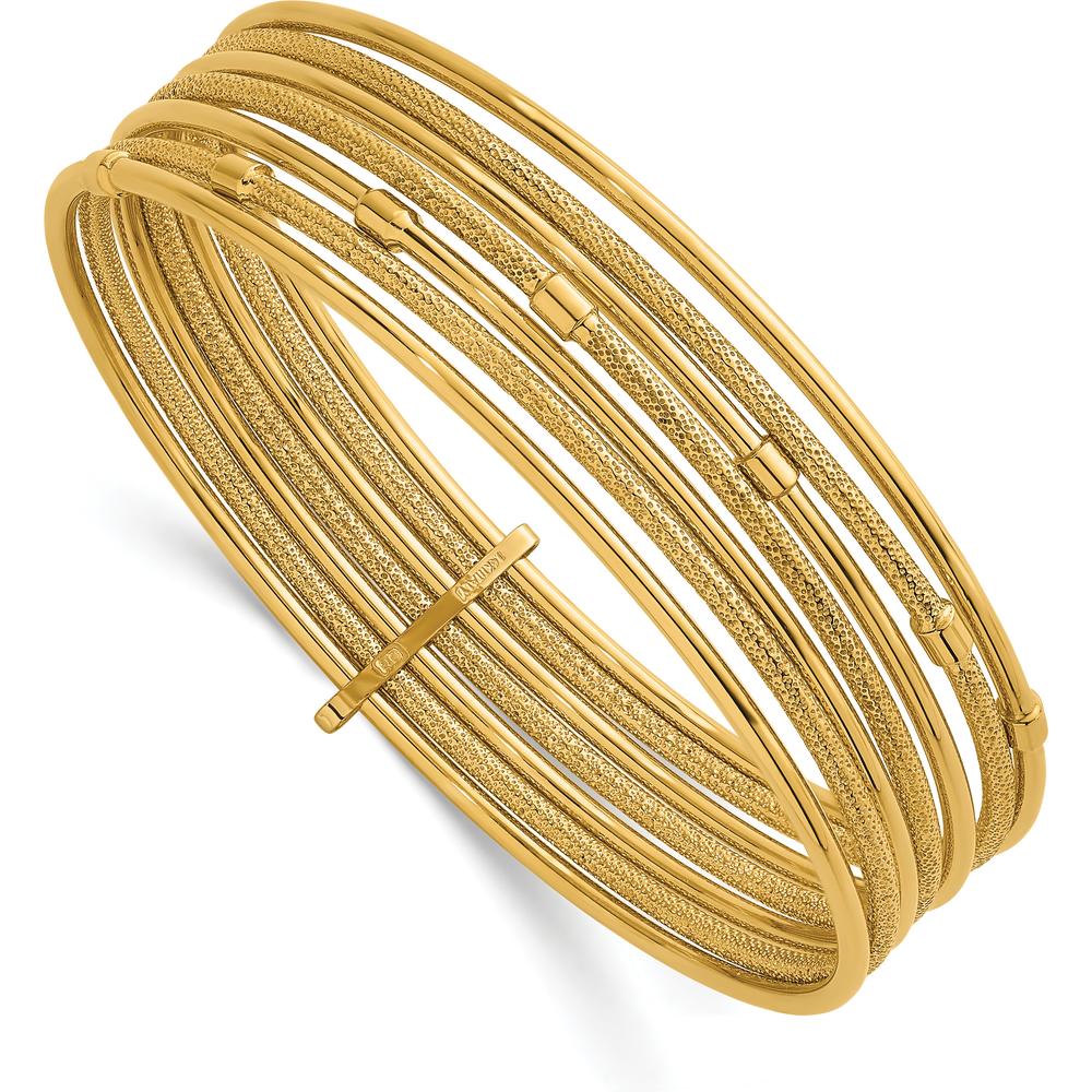 14K Yellow Gold Polished and Textured Beaded 7-Strand Slip-On Bangle Bracelet by Oro Pregiato
