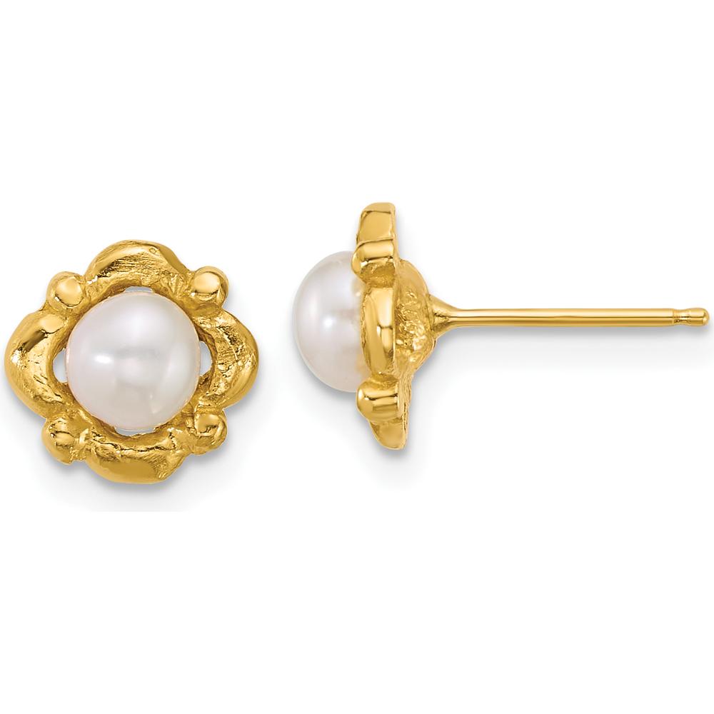 14K Yellow Gold Polished and Textured Button Freshwater Pearl Post Earrings - 4-5mm Size by Monteluci Fine Jewelry