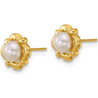 14K Yellow Gold Polished and Textured Button Freshwater Pearl Post Earrings - 4-5mm Size by Monteluci Fine Jewelry