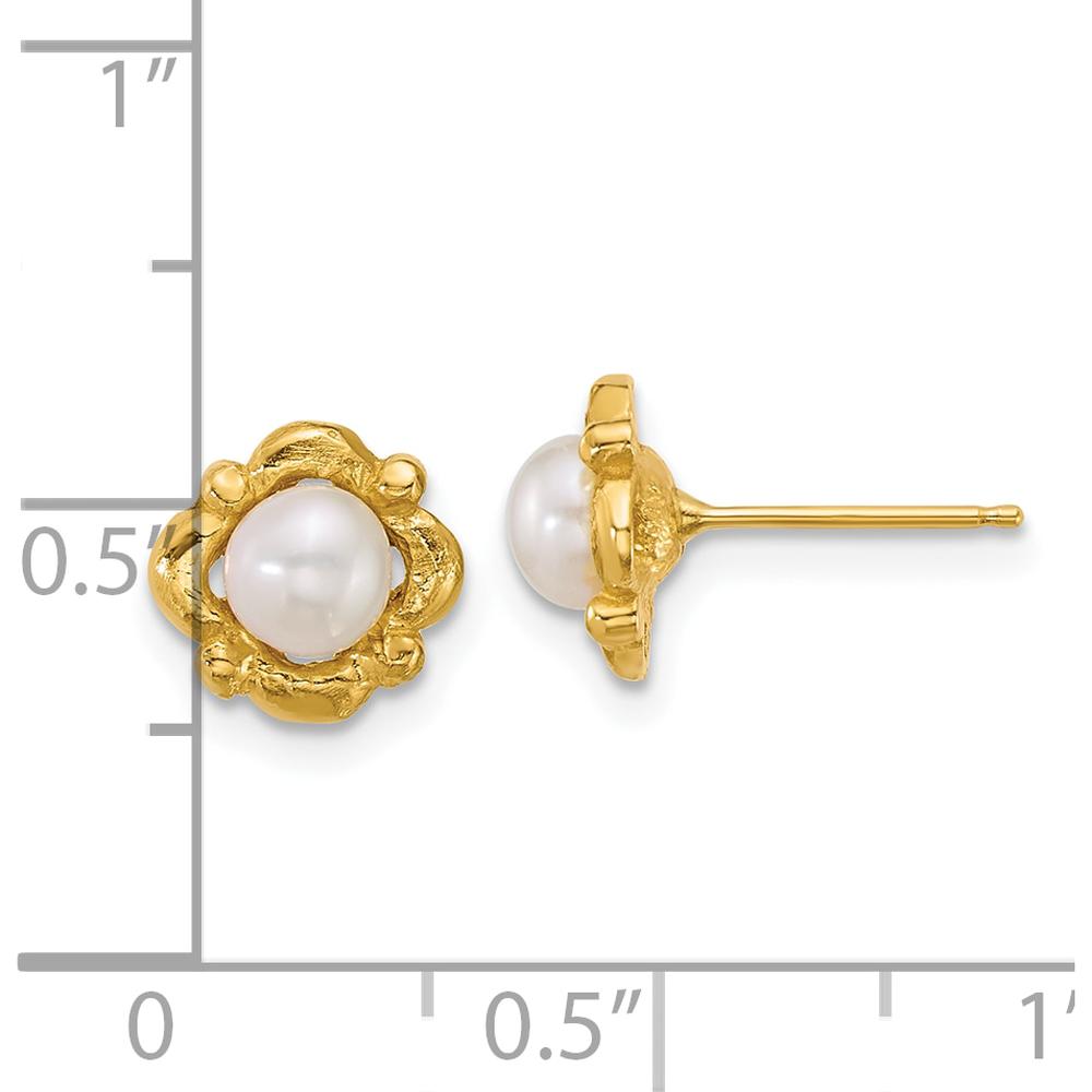 14K Yellow Gold Polished and Textured Button Freshwater Pearl Post Earrings - 4-5mm Size by Monteluci Fine Jewelry