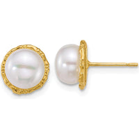 14K Yellow Gold Polished and Textured Button Freshwater Pearl Post Earrings - 7-8mm by Monteluci Fine Jewelry