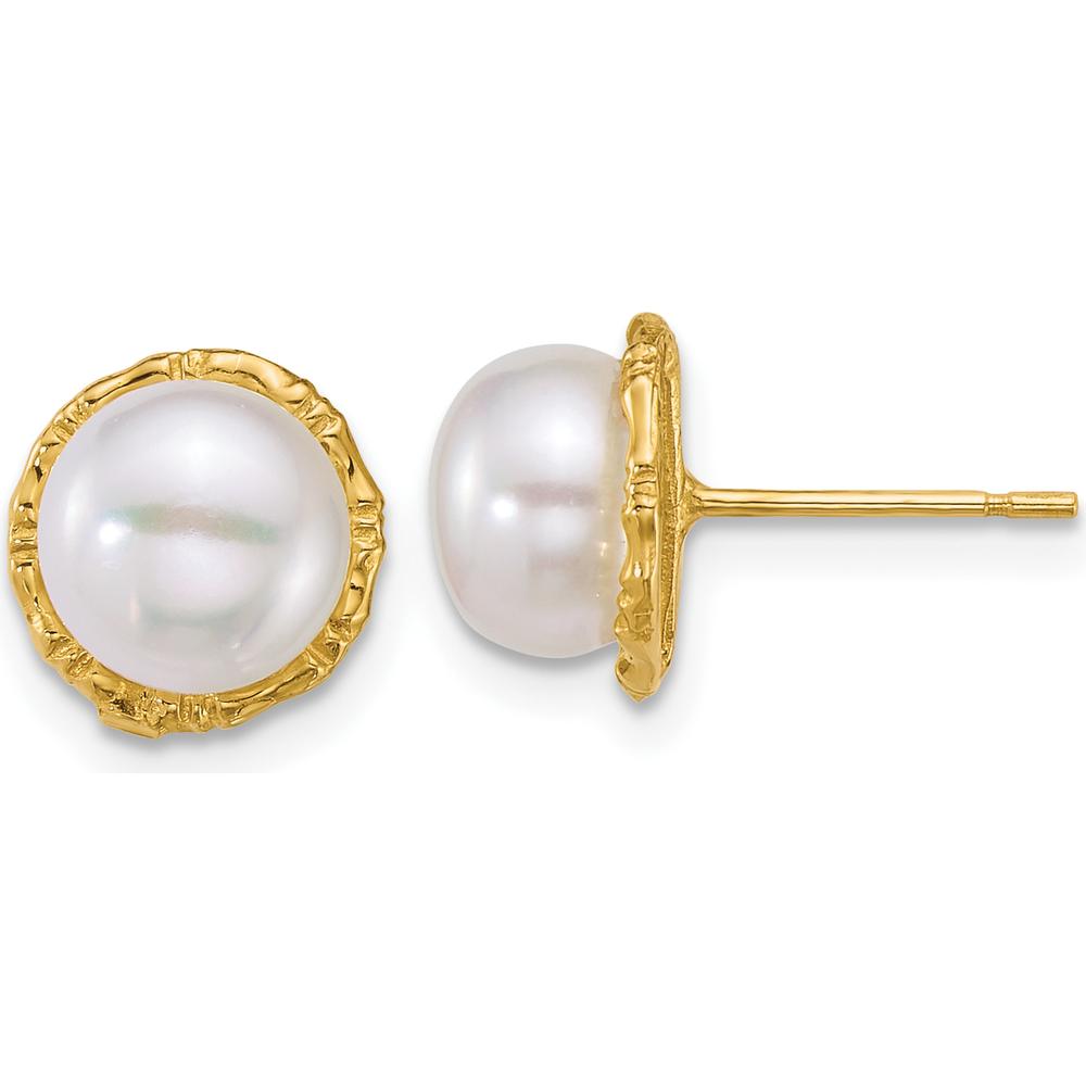14K Yellow Gold Polished and Textured Button Freshwater Pearl Post Earrings - 7-8mm by Monteluci Fine Jewelry