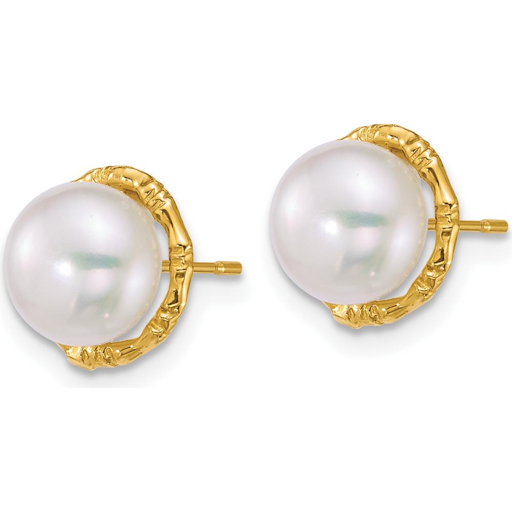14K Yellow Gold Polished and Textured Button Freshwater Pearl Post Earrings - 7-8mm by Monteluci Fine Jewelry