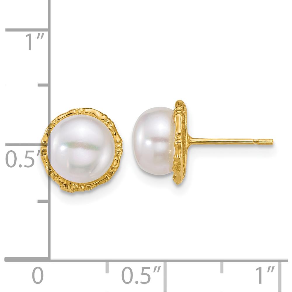 14K Yellow Gold Polished and Textured Button Freshwater Pearl Post Earrings - 7-8mm by Monteluci Fine Jewelry