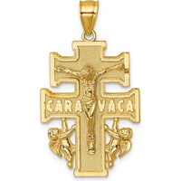 14K Yellow Gold Polished and Textured Cara Vaca Crucifix Pendant - Religious Symbol with Cherub Angels by Oro Pregiato