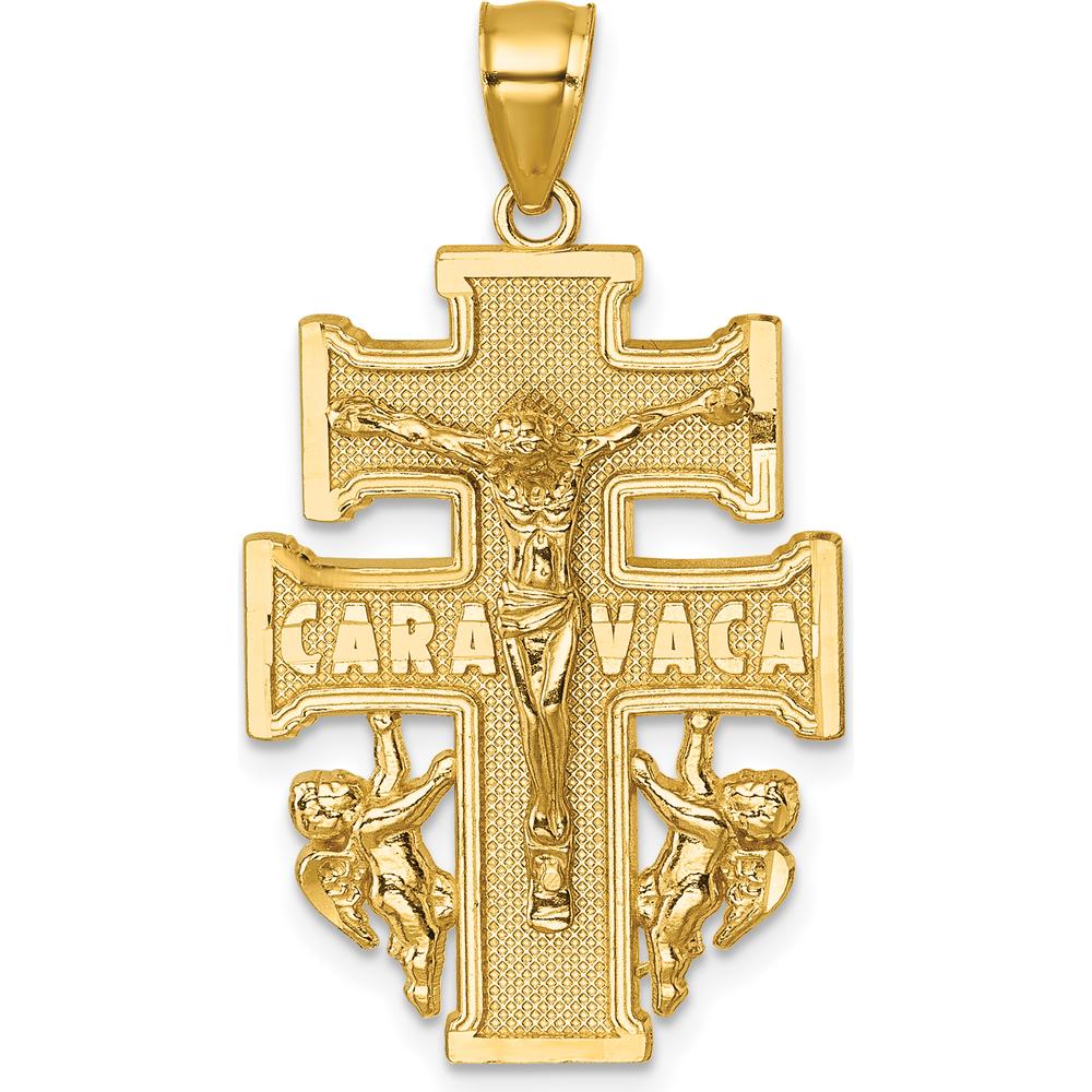 14K Yellow Gold Polished and Textured Cara Vaca Crucifix Pendant - Religious Symbol with Cherub Angels by Oro Pregiato