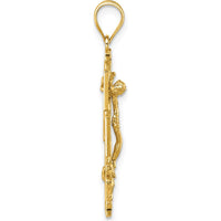 14K Yellow Gold Polished and Textured Cara Vaca Crucifix Pendant - Religious Symbol with Cherub Angels by Oro Pregiato