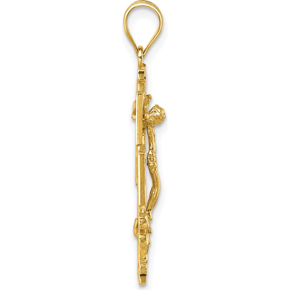 14K Yellow Gold Polished and Textured Cara Vaca Crucifix Pendant - Religious Symbol with Cherub Angels by Oro Pregiato