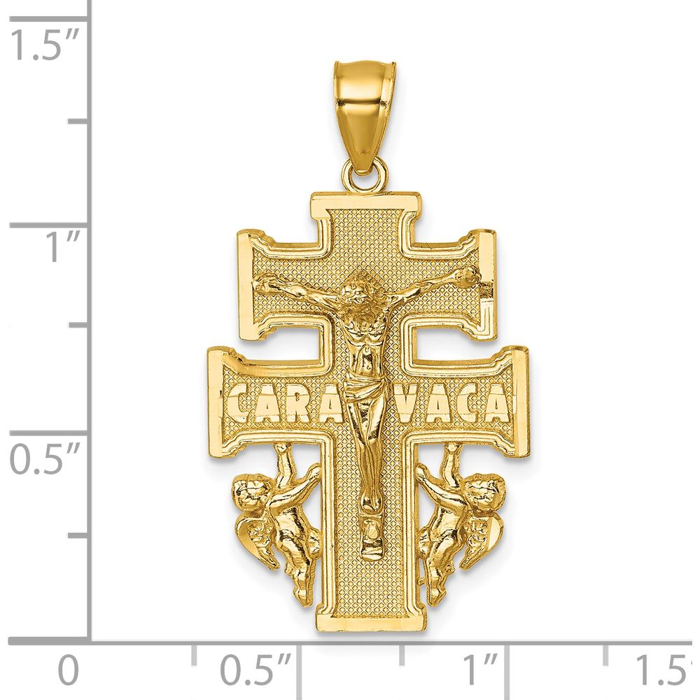 14K Yellow Gold Polished and Textured Cara Vaca Crucifix Pendant - Religious Symbol with Cherub Angels by Oro Pregiato