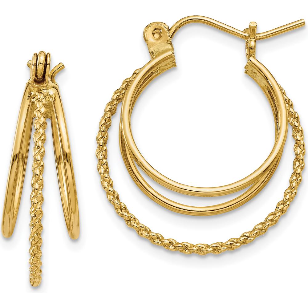 14K Yellow Gold Polished and Textured Circle Hoop Earrings - 19mm Length by 0