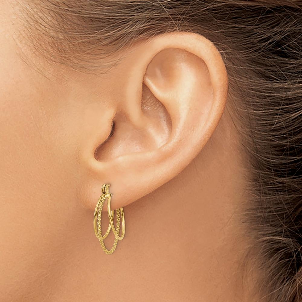 14K Yellow Gold Polished and Textured Circle Hoop Earrings - 19mm Length by 0