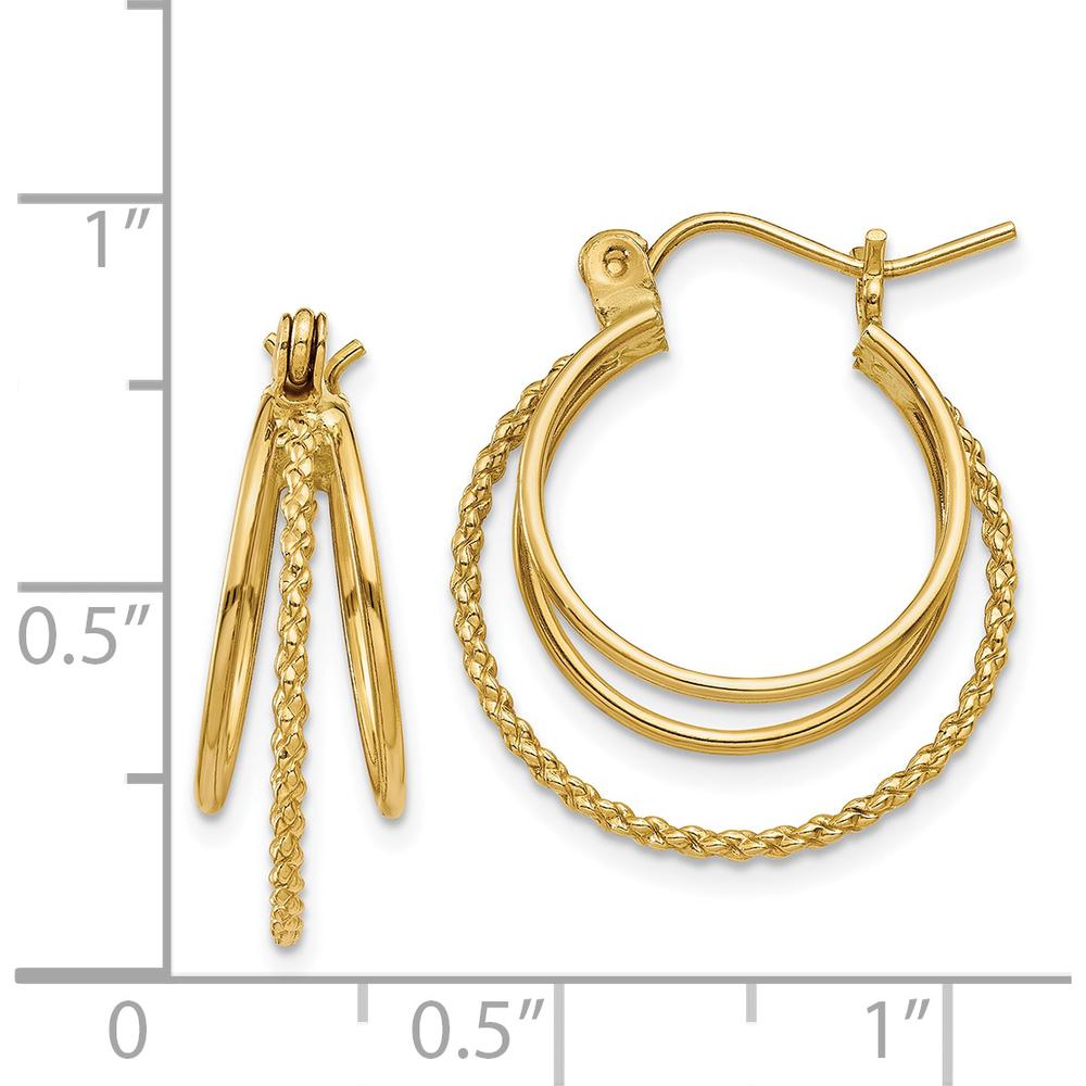 14K Yellow Gold Polished and Textured Circle Hoop Earrings - 19mm Length by 0
