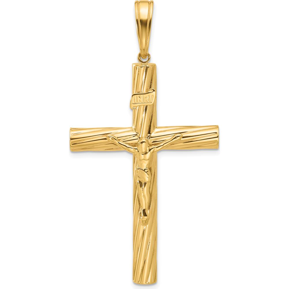 14K Yellow Gold Polished and Textured Crucifix Pendant - 59.3mm Length by Oro Pregiato