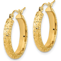 14K Yellow Gold Polished and Textured Diamond-Cut Large Hoop Earrings - 20.62mm Length by 0