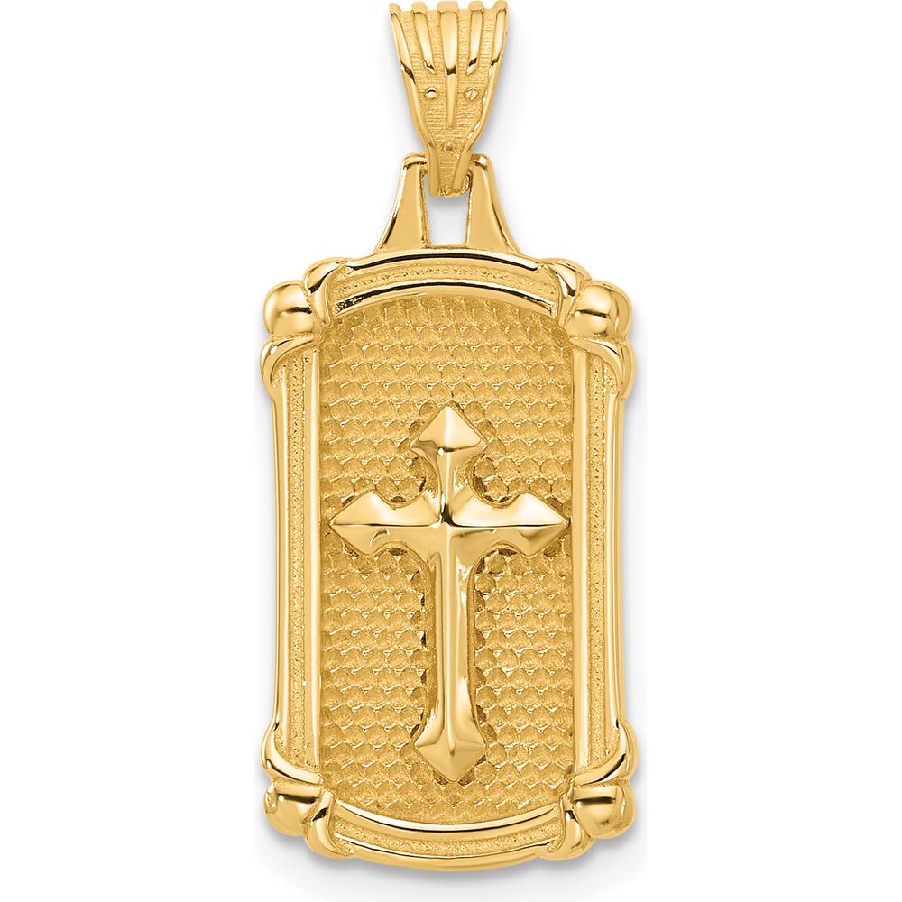 14K Yellow Gold Polished and Textured Dog Tag Cross Pendant by Oro Pregiato