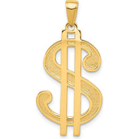 14K Yellow Gold Polished and Textured Dollar Sign Pendant - Solid Cast Design by Oro Pregiato