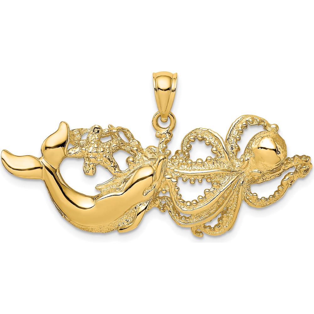 14K Yellow Gold Polished and Textured Dolphin and Octopus Pendant by Oro Pregiato