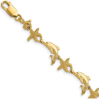 14K Yellow Gold Polished and Textured Dolphin and Starfish Bracelet - 7.5 inches by Oro Pregiato