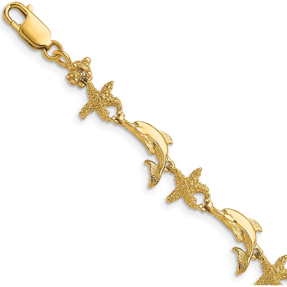 14K Yellow Gold Polished and Textured Dolphin and Starfish Bracelet - 7.5 inches by Oro Pregiato