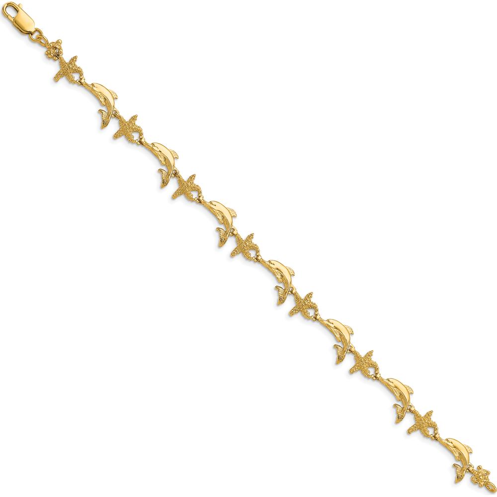 14K Yellow Gold Polished and Textured Dolphin and Starfish Bracelet - 7.5 inches by Oro Pregiato
