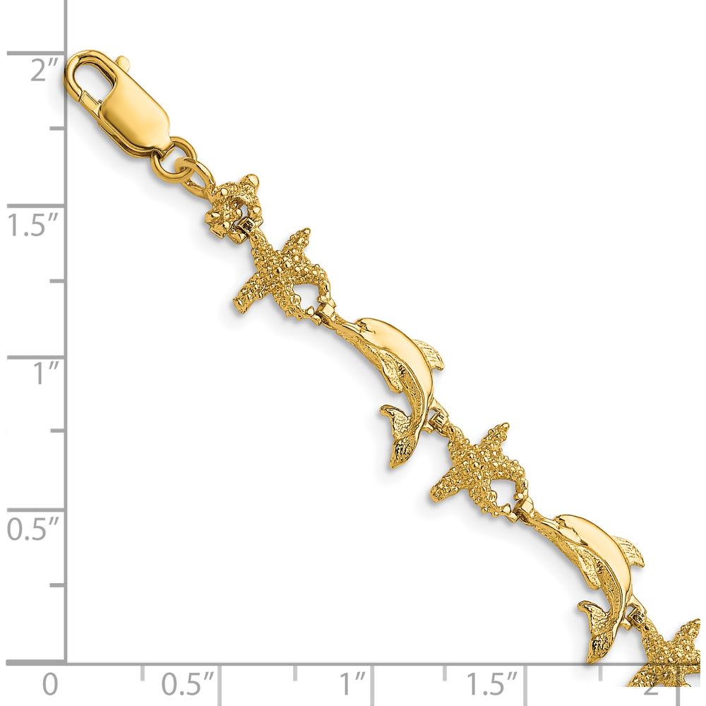 14K Yellow Gold Polished and Textured Dolphin and Starfish Bracelet - 7.5 inches by Oro Pregiato