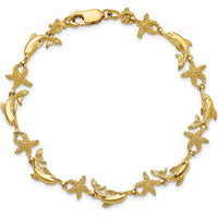 14K Yellow Gold Polished and Textured Dolphin and Starfish Bracelet - 7.5 inches by Oro Pregiato