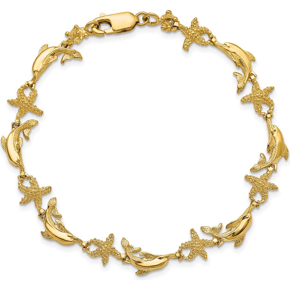 14K Yellow Gold Polished and Textured Dolphin and Starfish Bracelet - 7.5 inches by Oro Pregiato