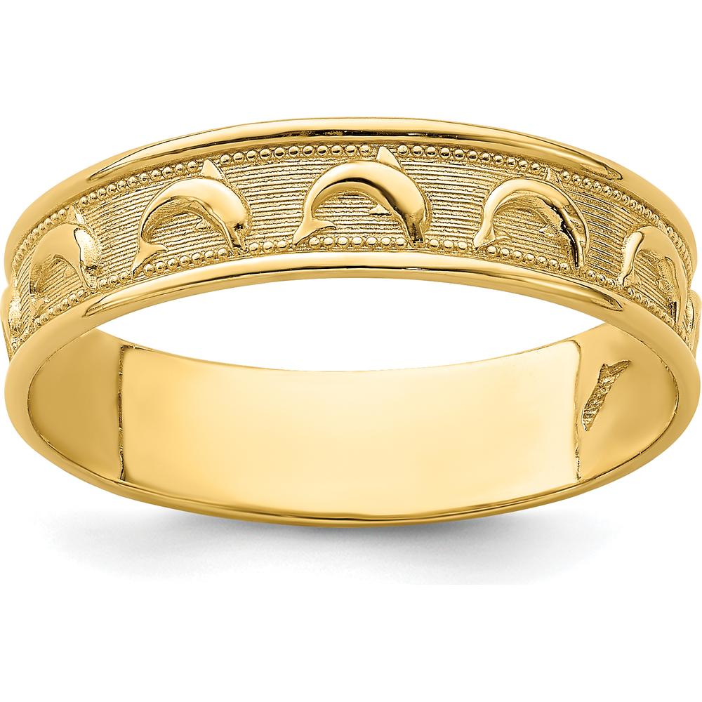 14K Yellow Gold Polished and Textured Dolphin Engraved Thumb Ring - 5mm Width by Oro Pregiato