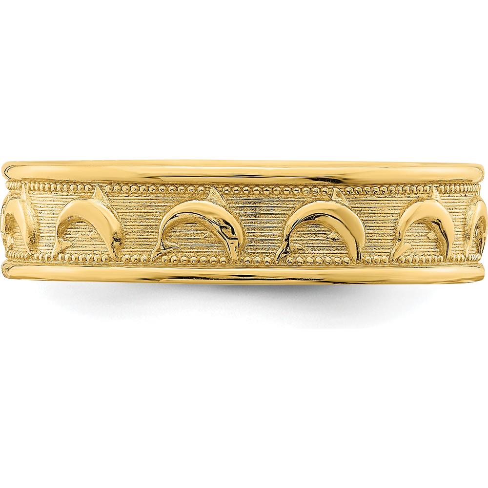 14K Yellow Gold Polished and Textured Dolphin Engraved Thumb Ring - 5mm Width by Oro Pregiato