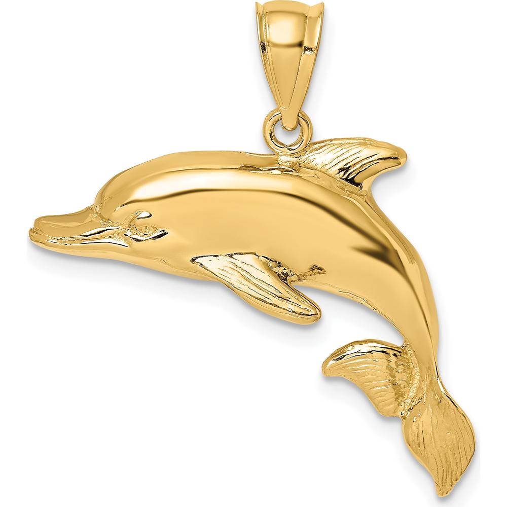 14K Yellow Gold Polished and Textured Dolphin Pendant - 23.65mm Length by Oro Pregiato