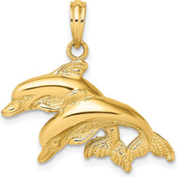 14K Yellow Gold Polished and Textured Double Dolphin Pendant by Oro Pregiato