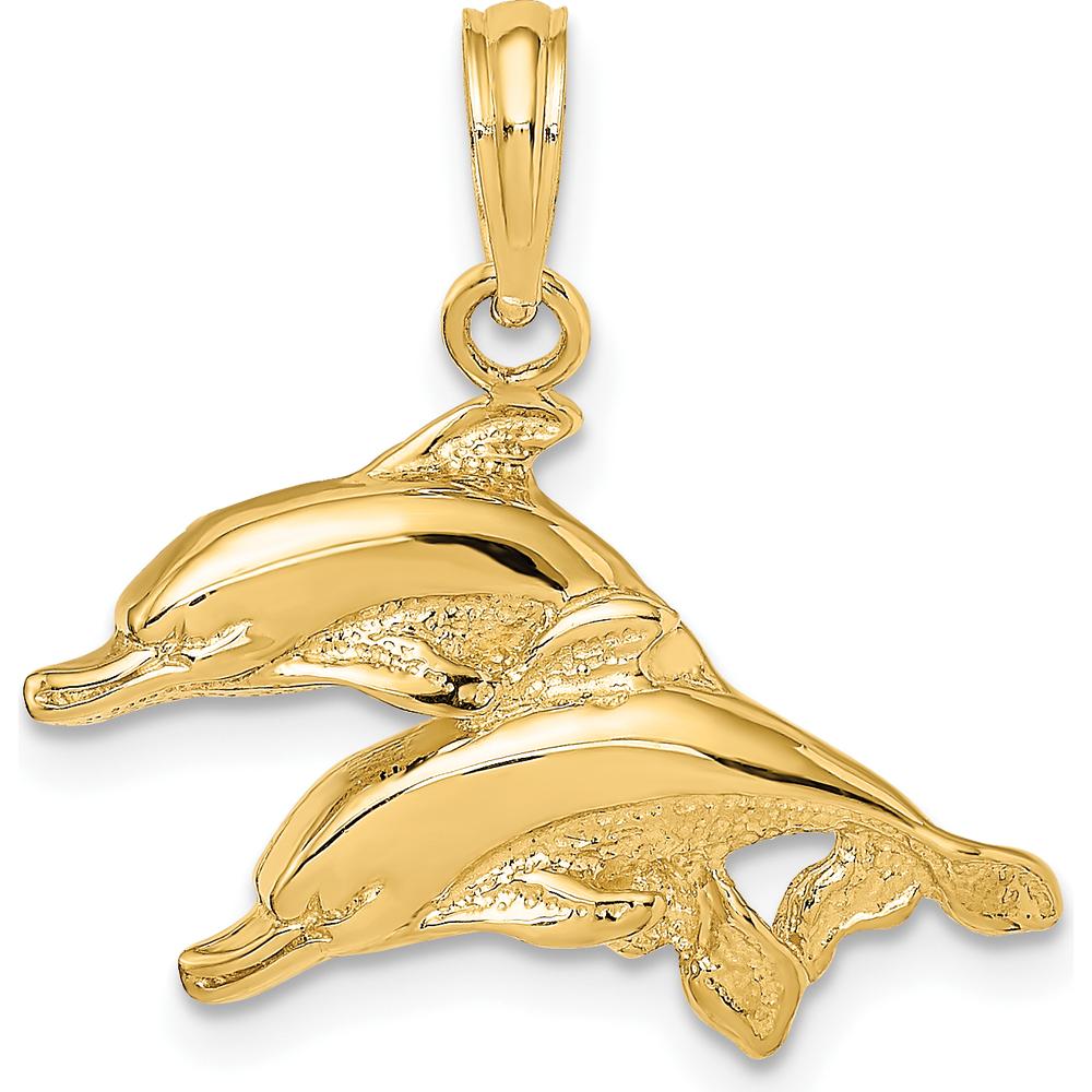 14K Yellow Gold Polished and Textured Double Dolphin Pendant by Oro Pregiato