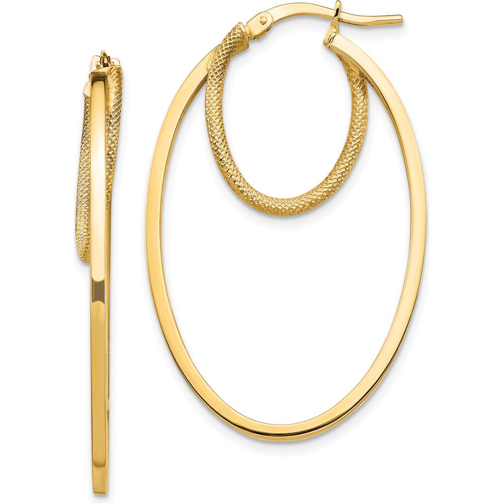 14K Yellow Gold Polished & Textured Double Oval Hoop Earrings - 41.15mm Length by 0