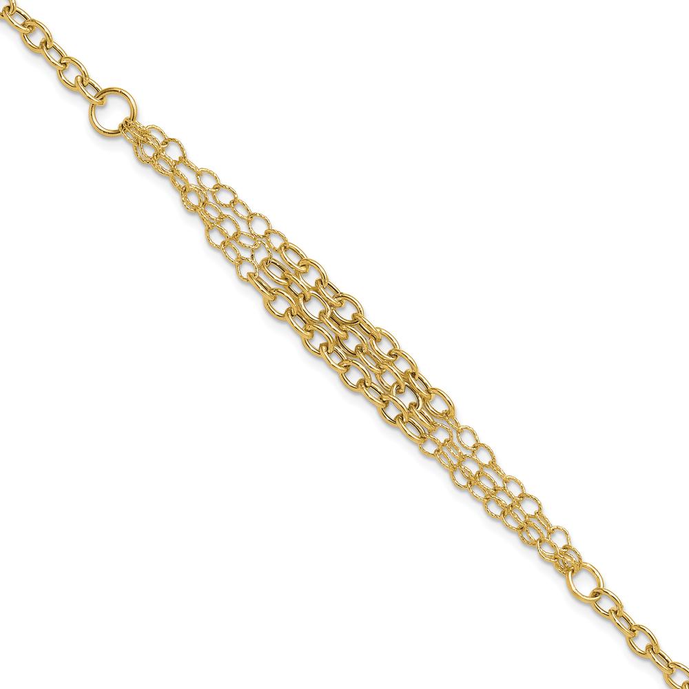 14K Yellow Gold Polished and Textured Fancy Cable Bracelet with 3-Strand Center - 7.5" Length with 0.5" Extender by 0