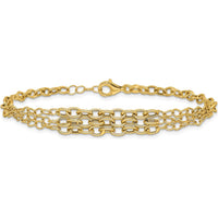 14K Yellow Gold Polished and Textured Fancy Cable Bracelet with 3-Strand Center - 7.5" Length with 0.5" Extender by 0