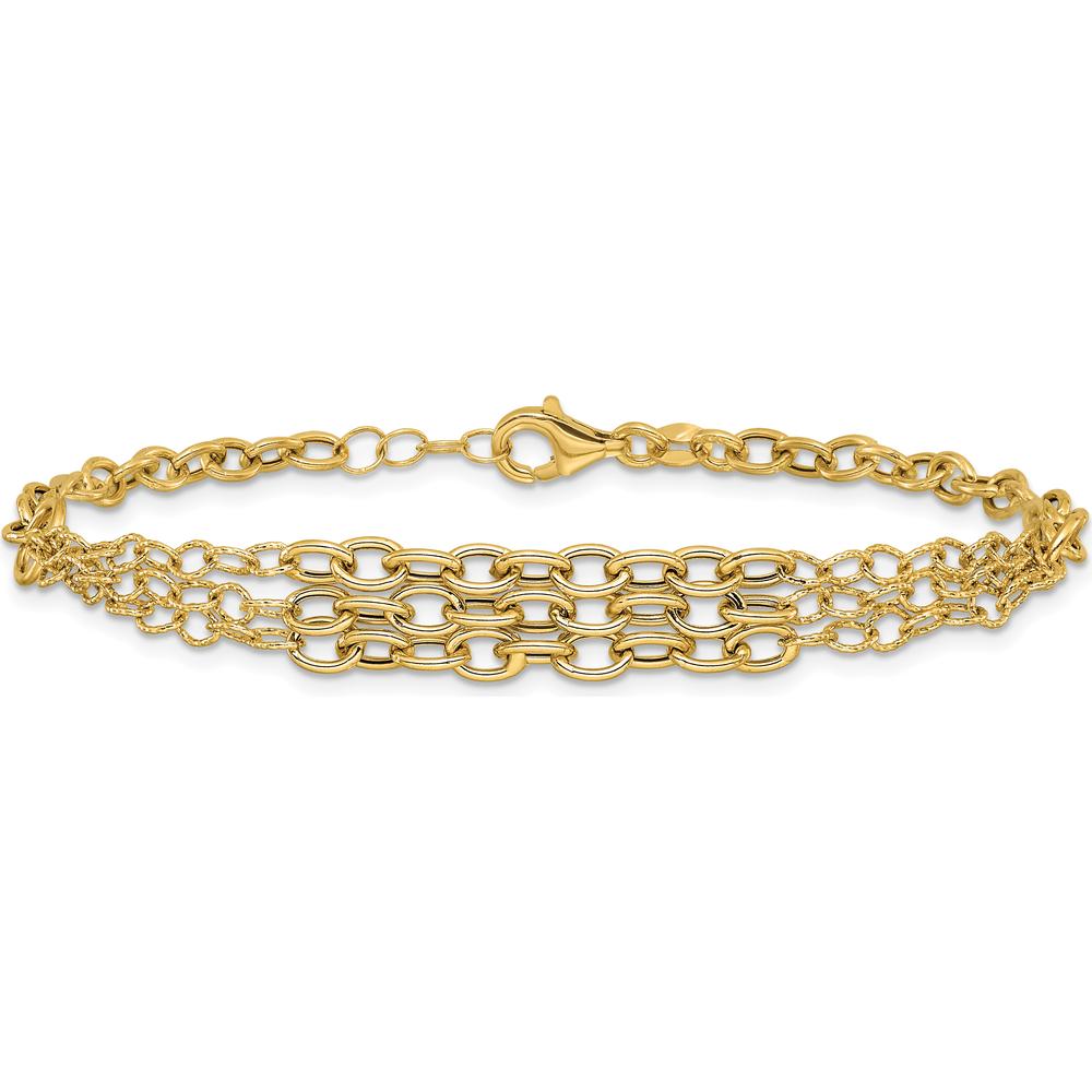 14K Yellow Gold Polished and Textured Fancy Cable Bracelet with 3-Strand Center - 7.5" Length with 0.5" Extender by 0