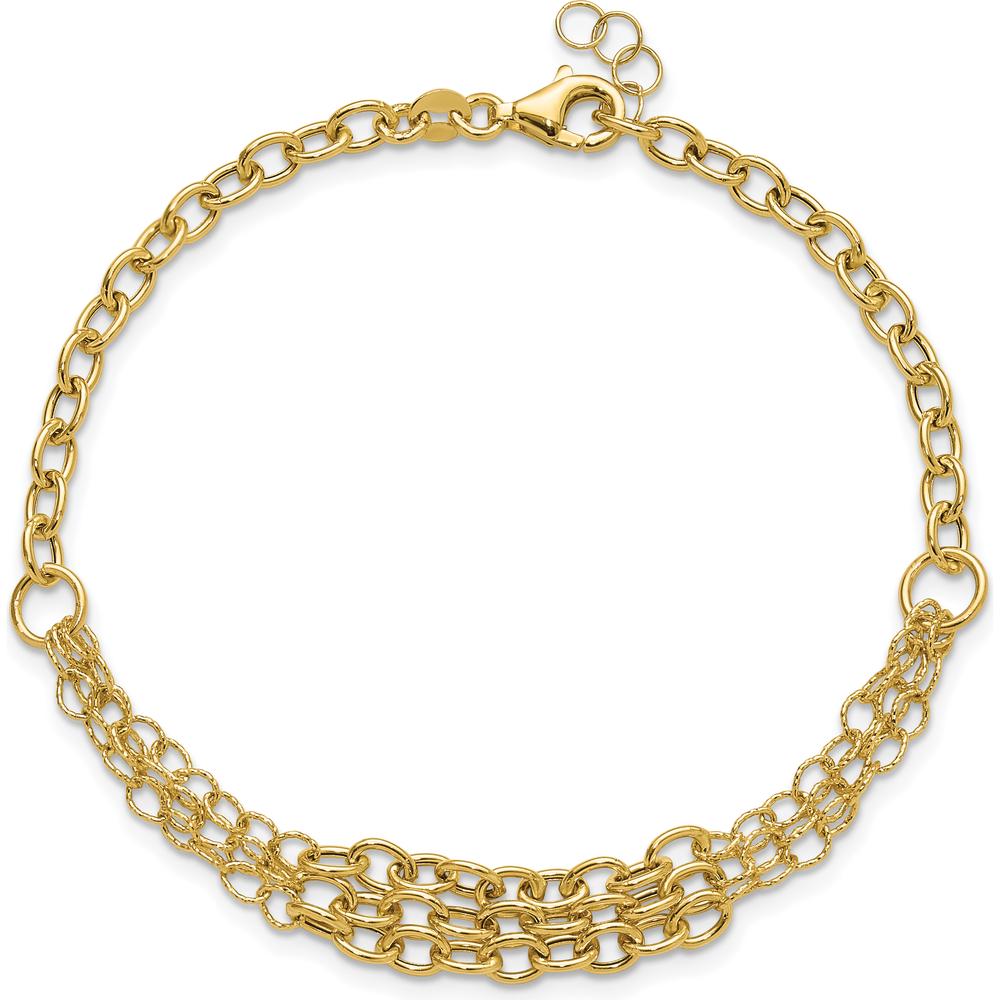 14K Yellow Gold Polished and Textured Fancy Cable Bracelet with 3-Strand Center - 7.5" Length with 0.5" Extender by 0