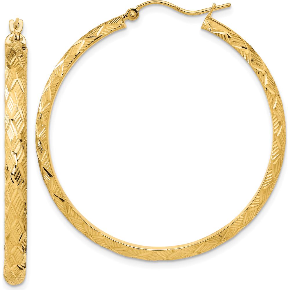 14K Yellow Gold Polished and Textured Fancy Diamond Cut Hoop Earrings - 42.03mm Length by 0