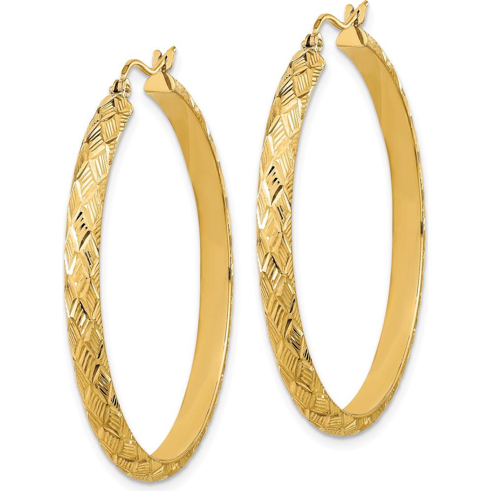 14K Yellow Gold Polished and Textured Fancy Diamond Cut Hoop Earrings - 42.03mm Length by 0