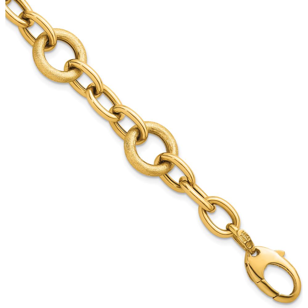 14K Yellow Gold Polished and Textured Fancy Oval and Round Link Bracelet - 7.5" Length by 0
