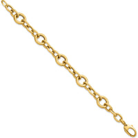14K Yellow Gold Polished and Textured Fancy Oval and Round Link Bracelet - 7.5" Length by 0