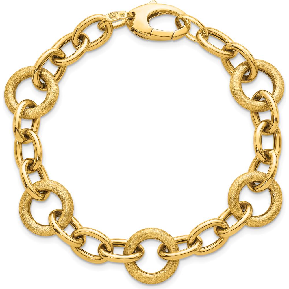 14K Yellow Gold Polished and Textured Fancy Oval and Round Link Bracelet - 7.5" Length by 0