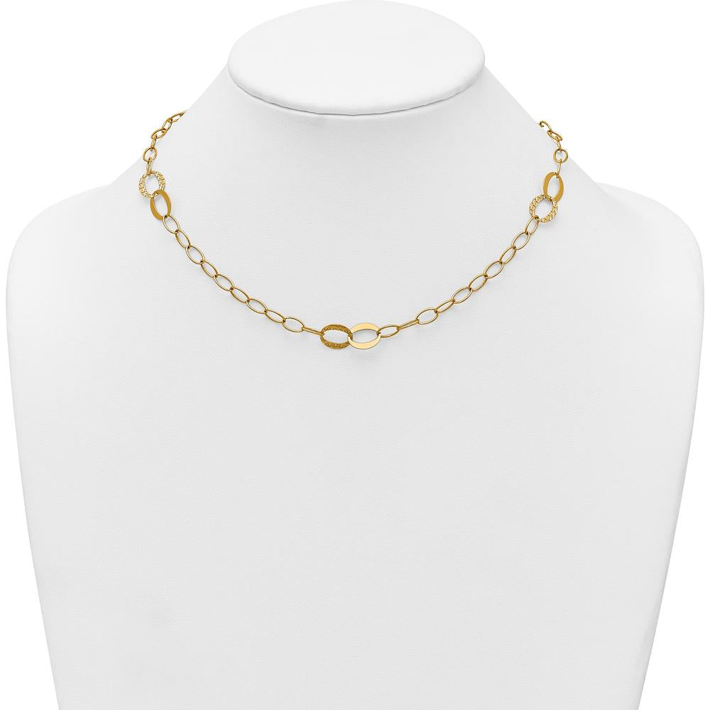 14K Yellow Gold Polished and Textured Fancy Oval Link 16.75" Necklace with Diamond-Cut Stations by 0